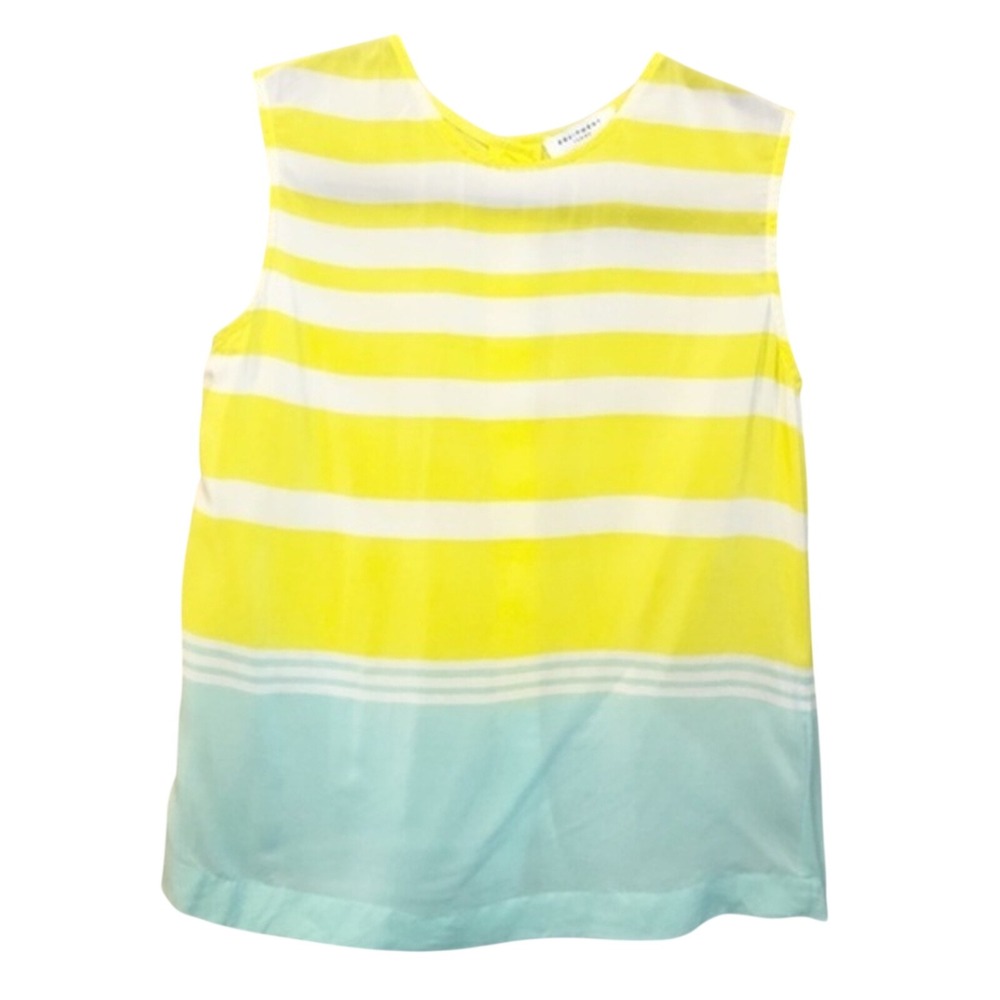 Equipment Femme Yellow White Mint Striped Silk Sleeveless Button Back Top XS